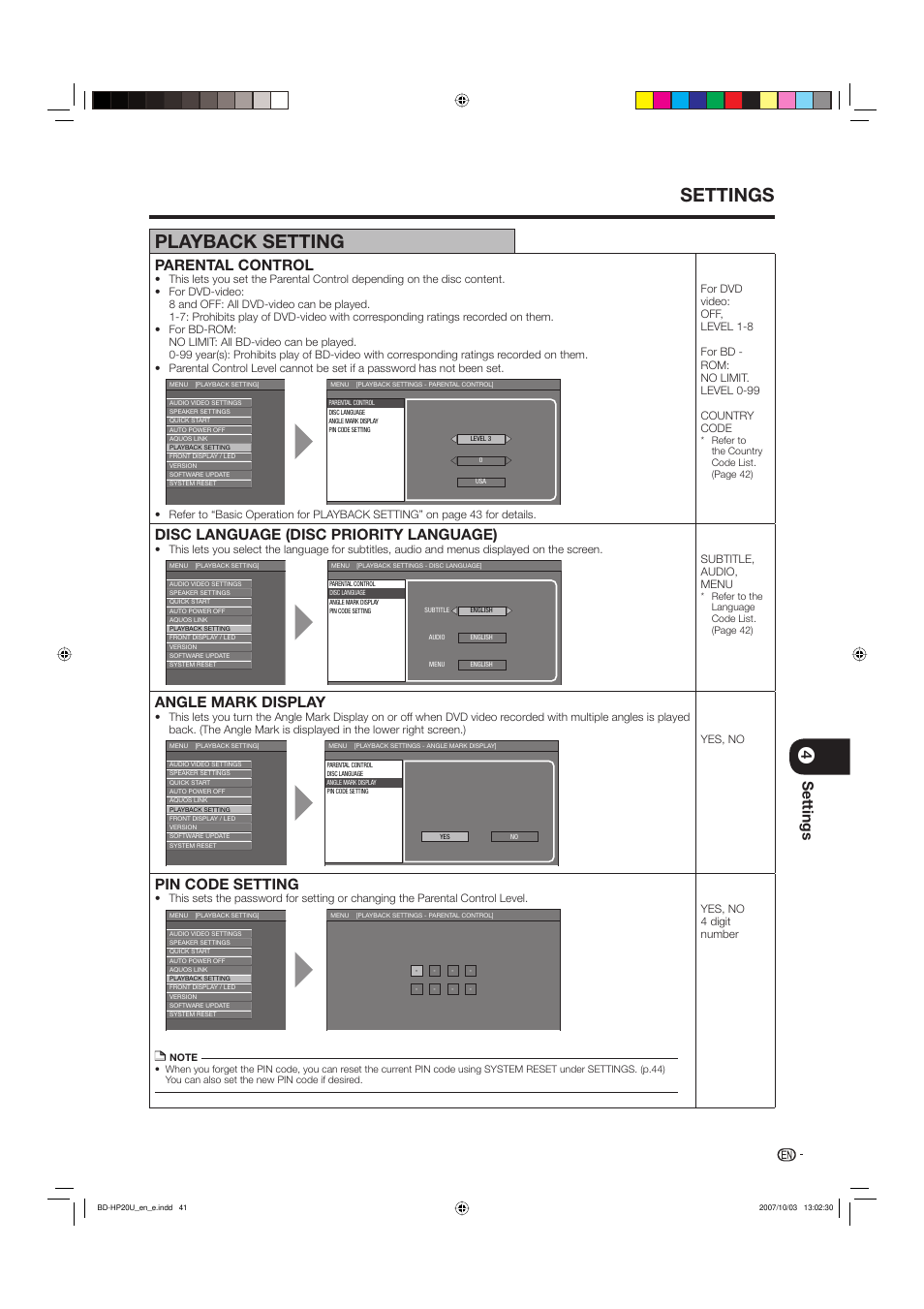 Settings playback setting, Settings, Parental control | Disc language (disc priority language), Angle mark display, Pin code setting | Sharp BD-HP20U User Manual | Page 43 / 58