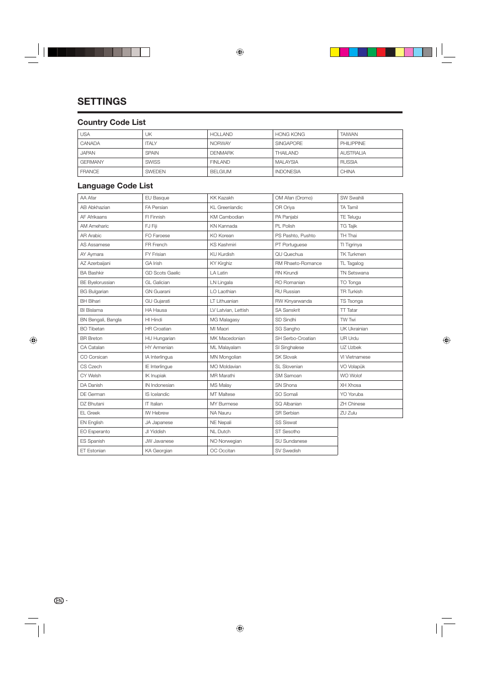 Settings, Country code list, Language code list | Sharp BD-HP20U User Manual | Page 44 / 58