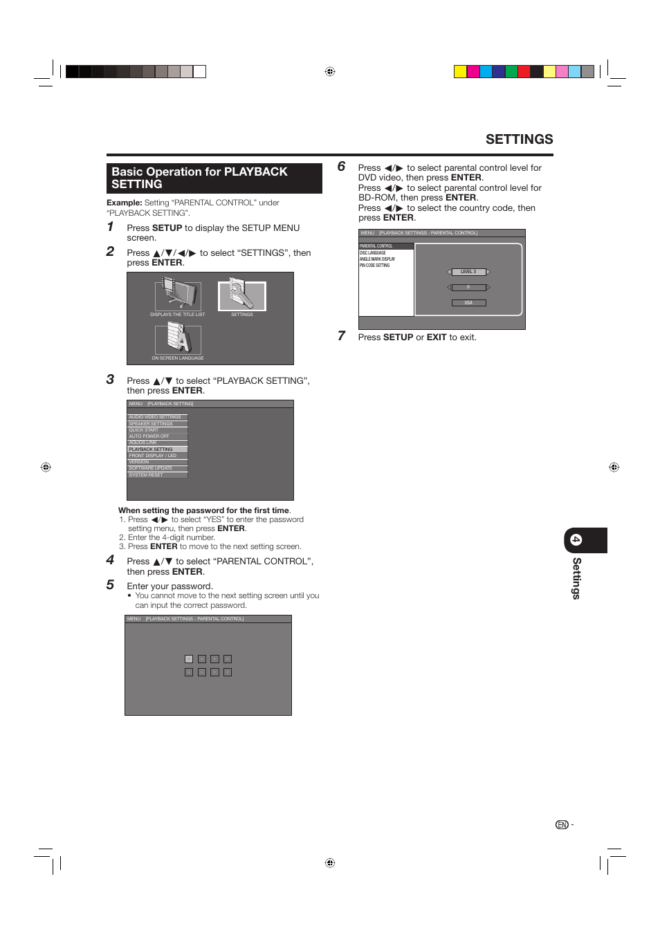 Basic operation for playback setting, Settings | Sharp BD-HP20U User Manual | Page 45 / 58