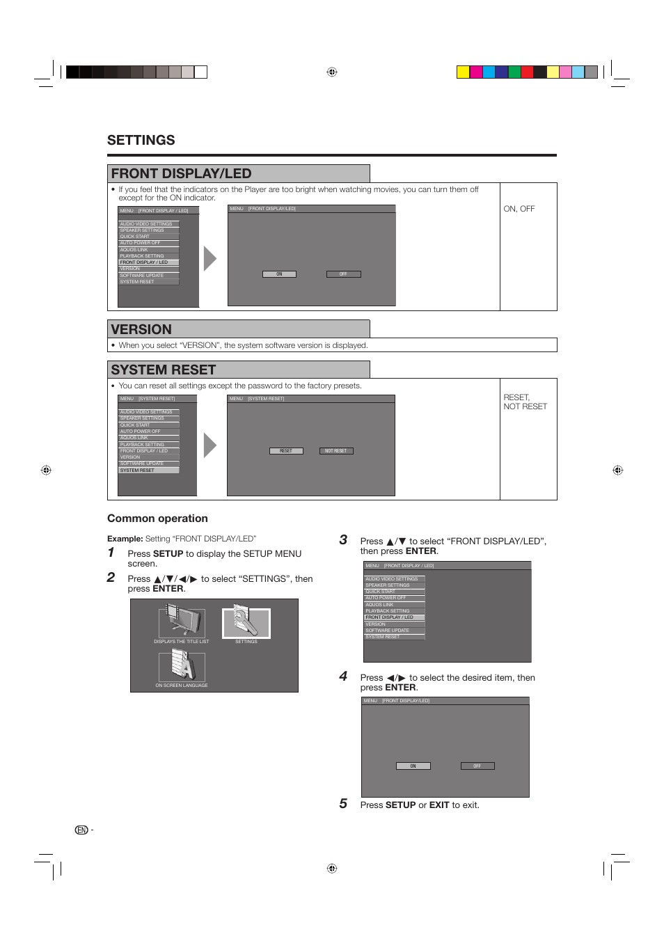 Front display/led, Version, System reset | Settings, 5version, Common operation, Press setup or exit to exit | Sharp BD-HP20U User Manual | Page 46 / 58