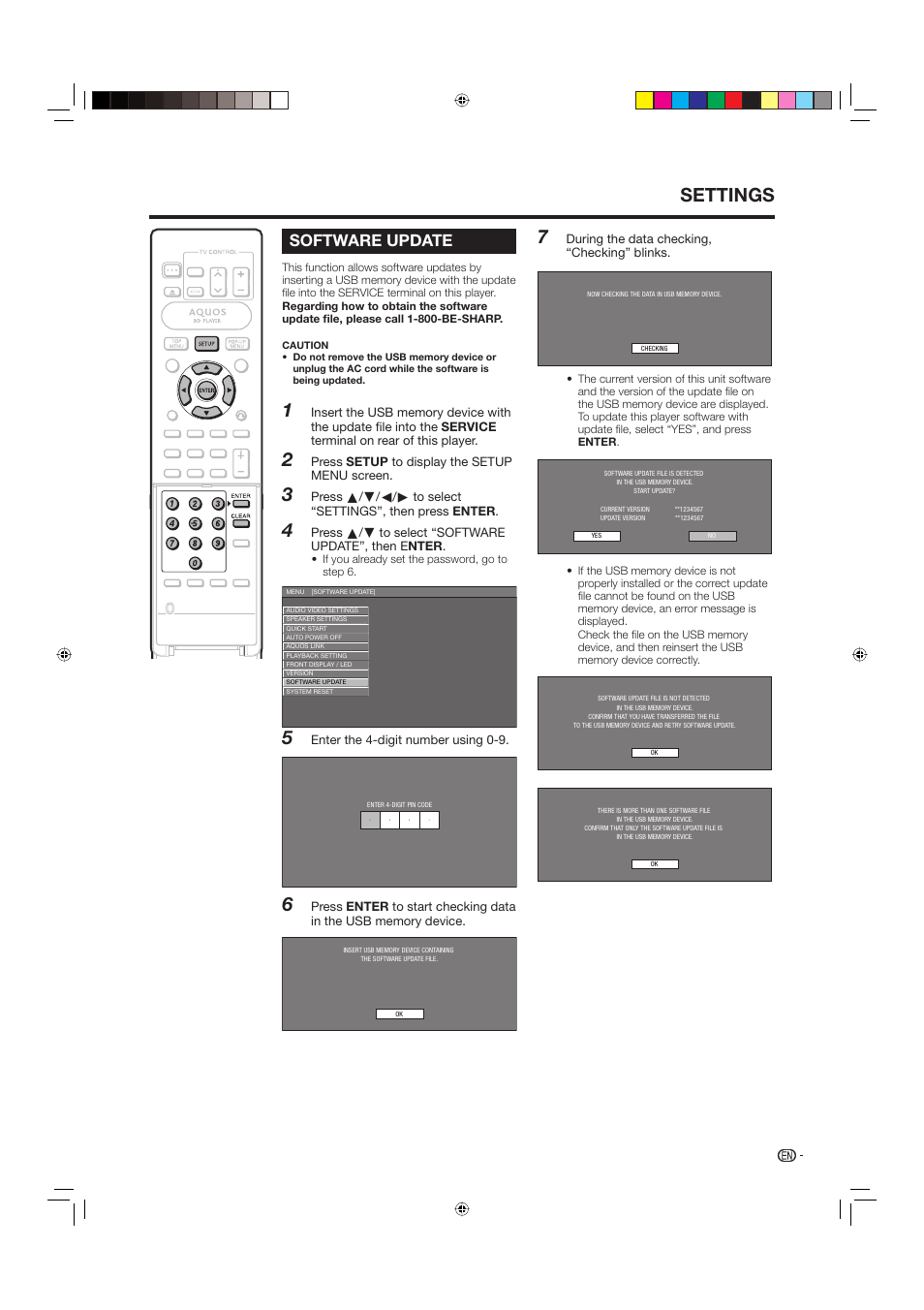 Software update, Settings | Sharp BD-HP20U User Manual | Page 47 / 58