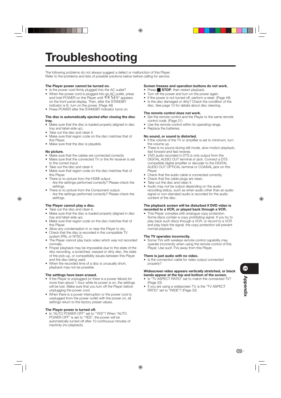 Appendix, Troubleshooting | Sharp BD-HP20U User Manual | Page 49 / 58