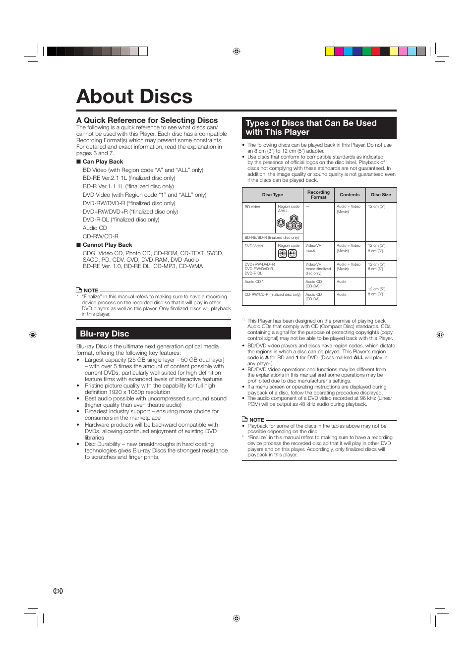 About discs, Blu-ray disc, Types of discs that can be used with this player | A quick reference for selecting discs | Sharp BD-HP20U User Manual | Page 8 / 58