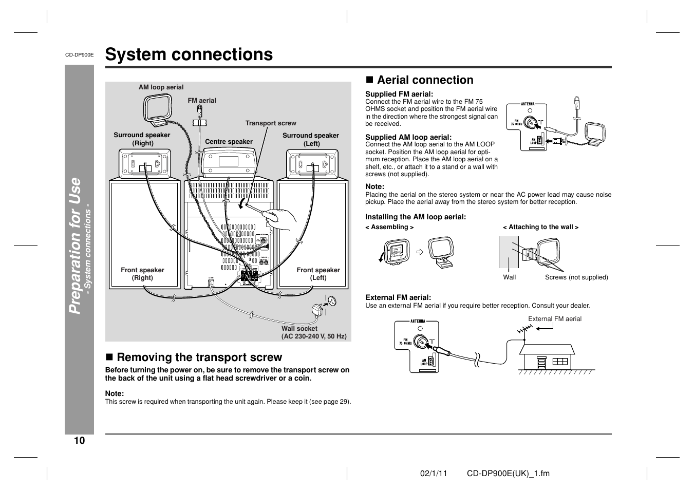 System connections, Removing the transport screw, Aerial connection | Sharp CD-DP900E User Manual | Page 10 / 32