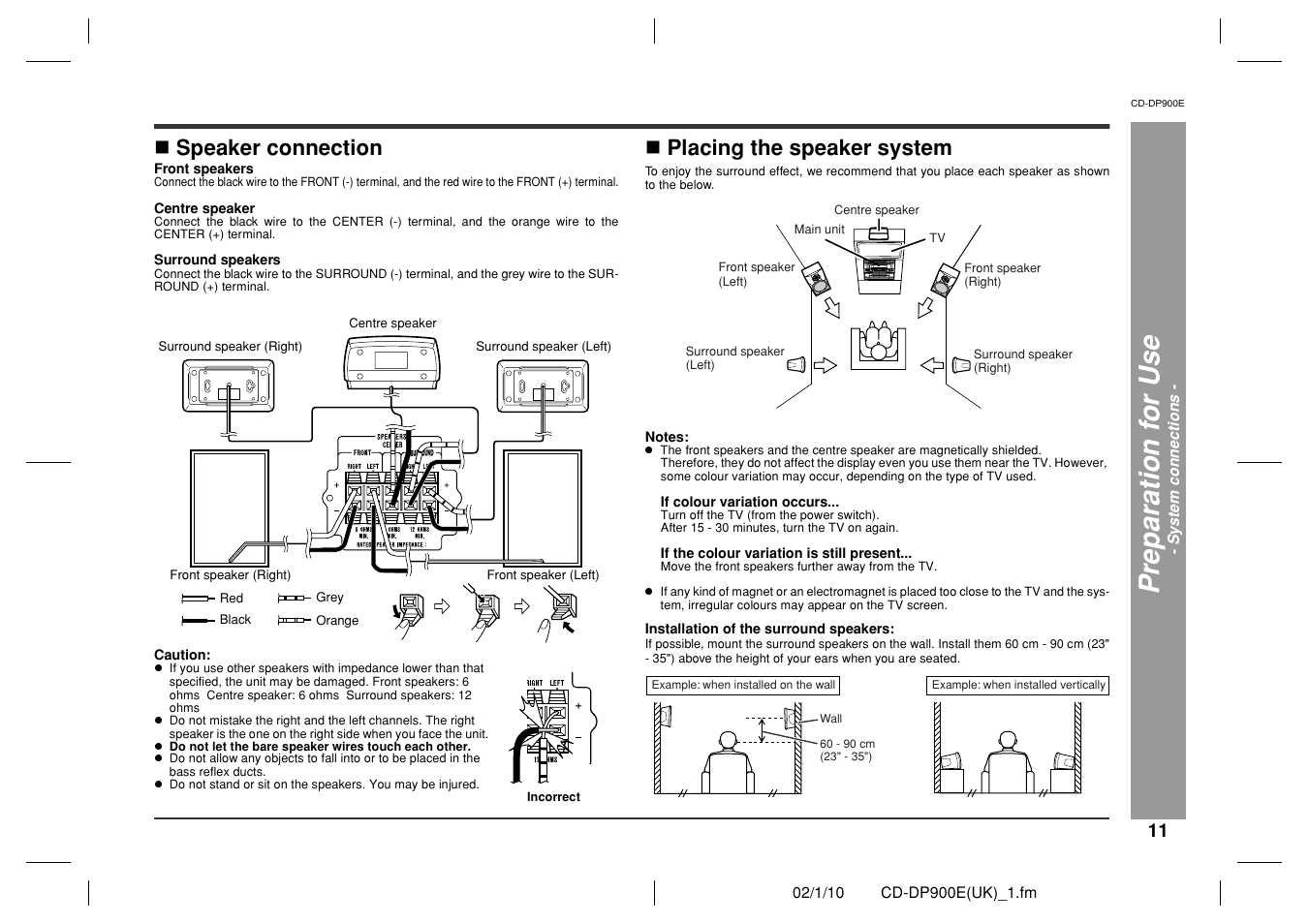 Speaker connection, Placing the speaker system | Sharp CD-DP900E User Manual | Page 11 / 32