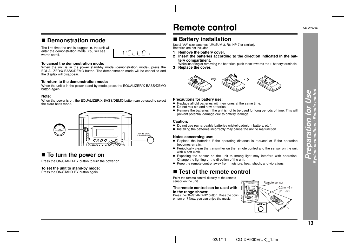 Remote control, Demonstration mode, Battery installation | Test of the remote control | Sharp CD-DP900E User Manual | Page 13 / 32