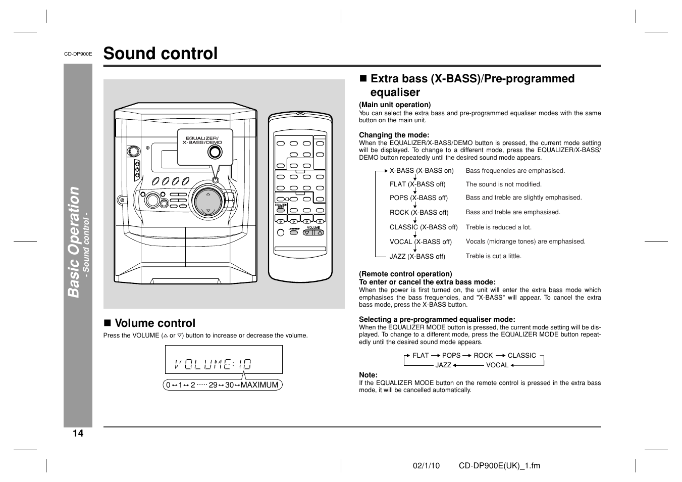 Sound control, Basic ope ration, Volume control | Extra bass (x-bass)/pre-programmed equaliser | Sharp CD-DP900E User Manual | Page 14 / 32