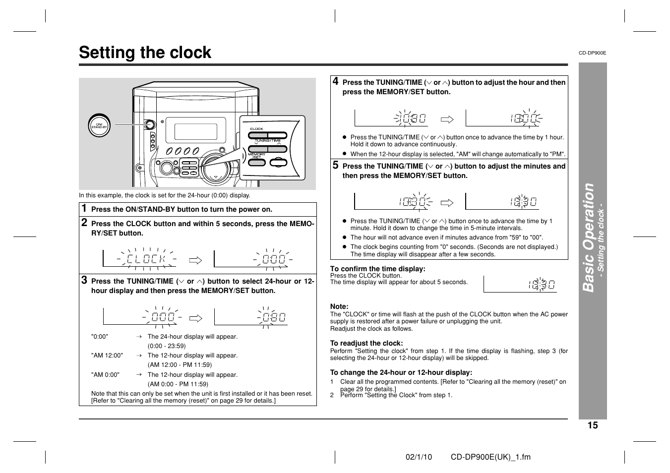 Setting the clock, Basic ope ration | Sharp CD-DP900E User Manual | Page 15 / 32