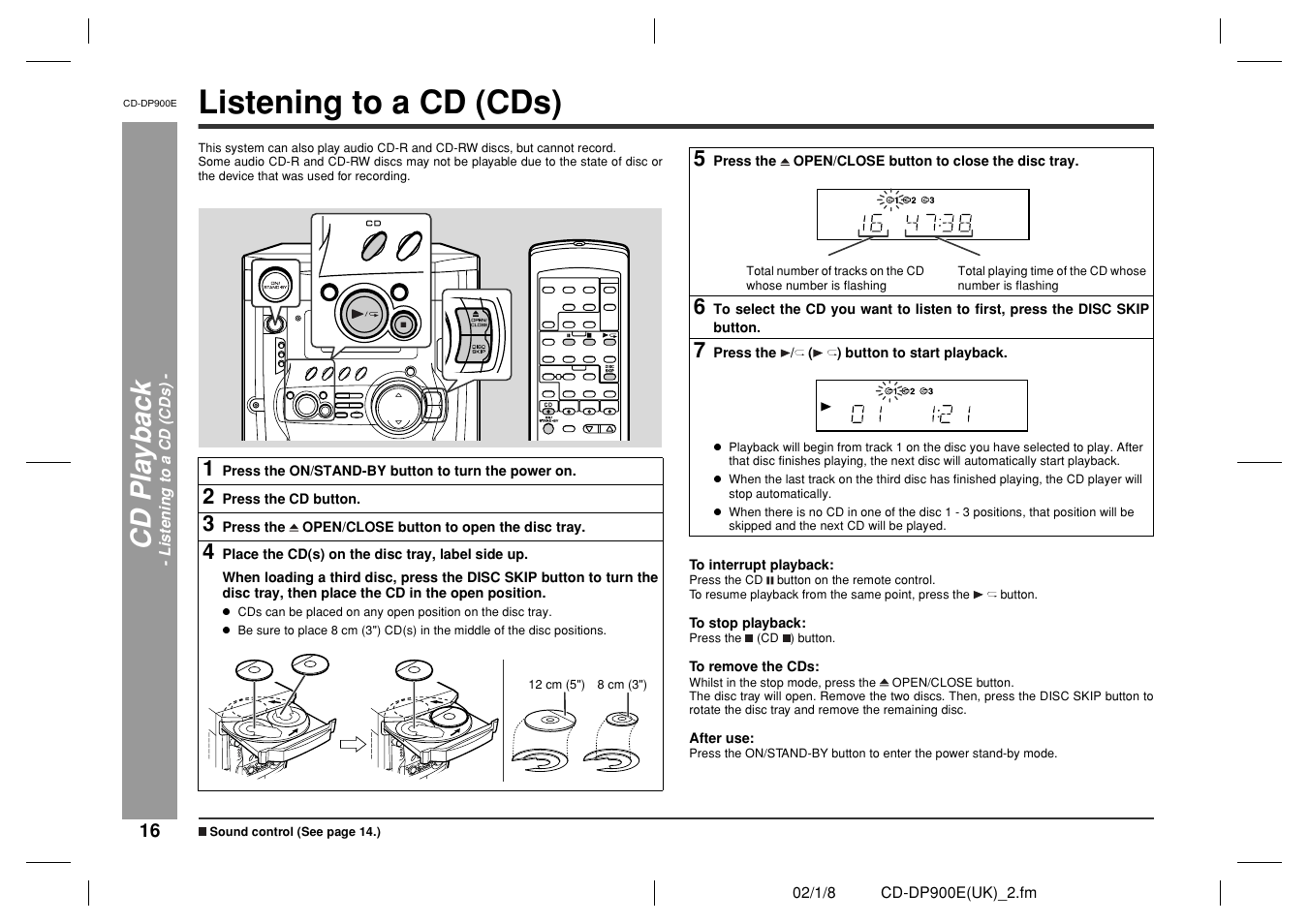 Listening to a cd (cds), Cd pla y ba c k | Sharp CD-DP900E User Manual | Page 16 / 32