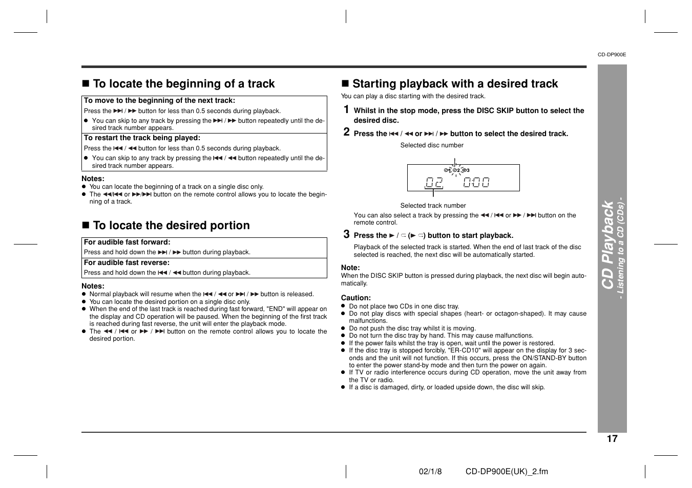 Cd pla y ba c k, Starting playback with a desired track | Sharp CD-DP900E User Manual | Page 17 / 32