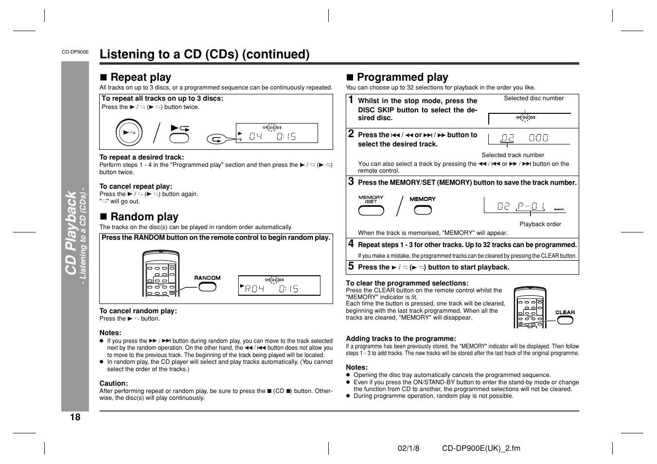 Cd pla y ba c k, Listening to a cd (cds) (continued), Repeat play | Random play, Programmed play | Sharp CD-DP900E User Manual | Page 18 / 32