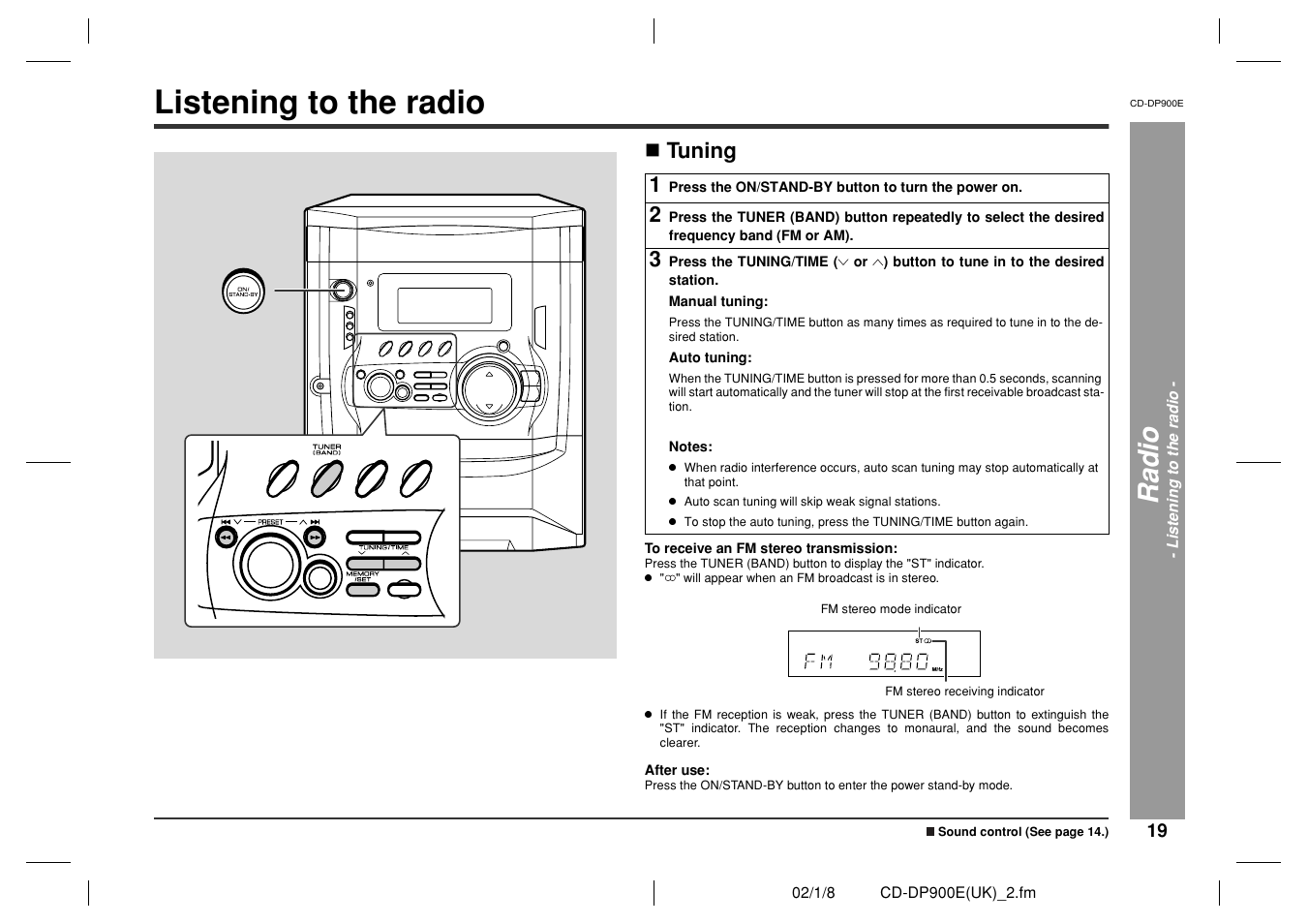 Listening to the radio, Ra dio, Tuning | Sharp CD-DP900E User Manual | Page 19 / 32