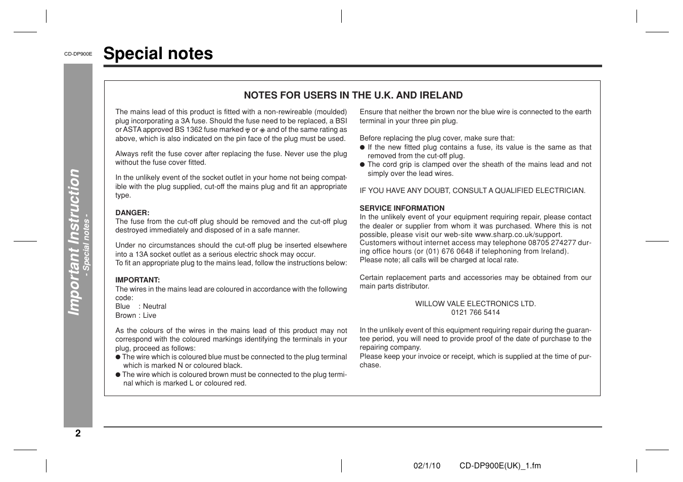 Im por tant instruction | Sharp CD-DP900E User Manual | Page 2 / 32