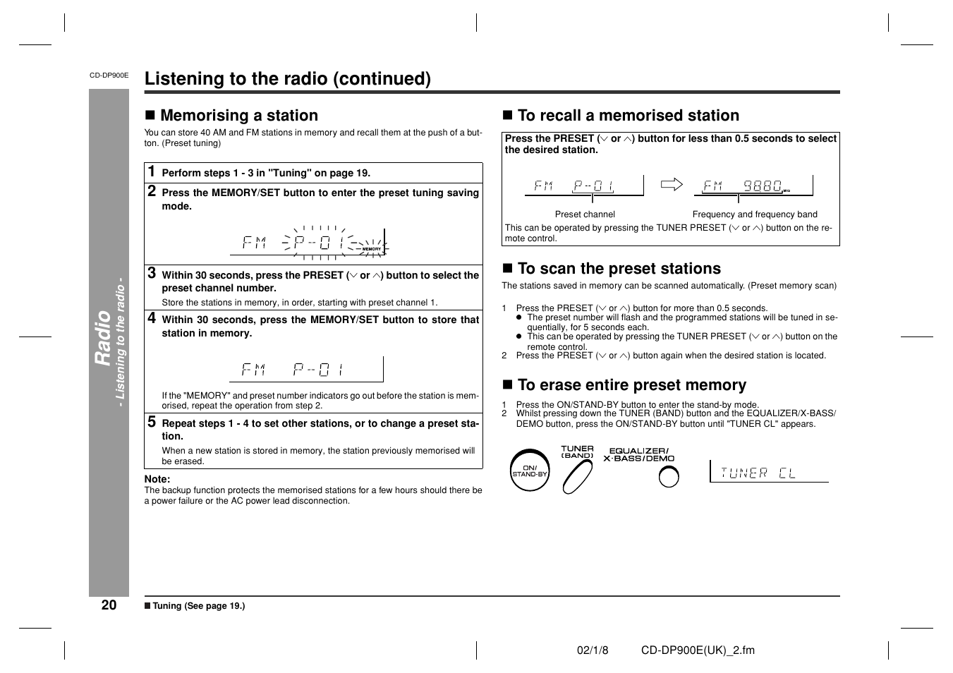 Ra dio, Listening to the radio (continued) | Sharp CD-DP900E User Manual | Page 20 / 32