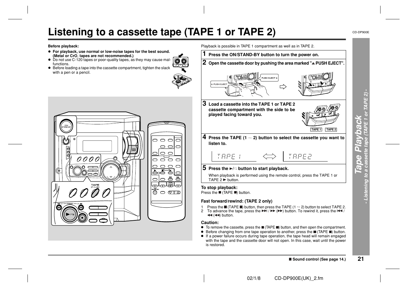 Listening to a cassette tape (tape 1 or tape 2), Ta pe pl a y bac k | Sharp CD-DP900E User Manual | Page 21 / 32