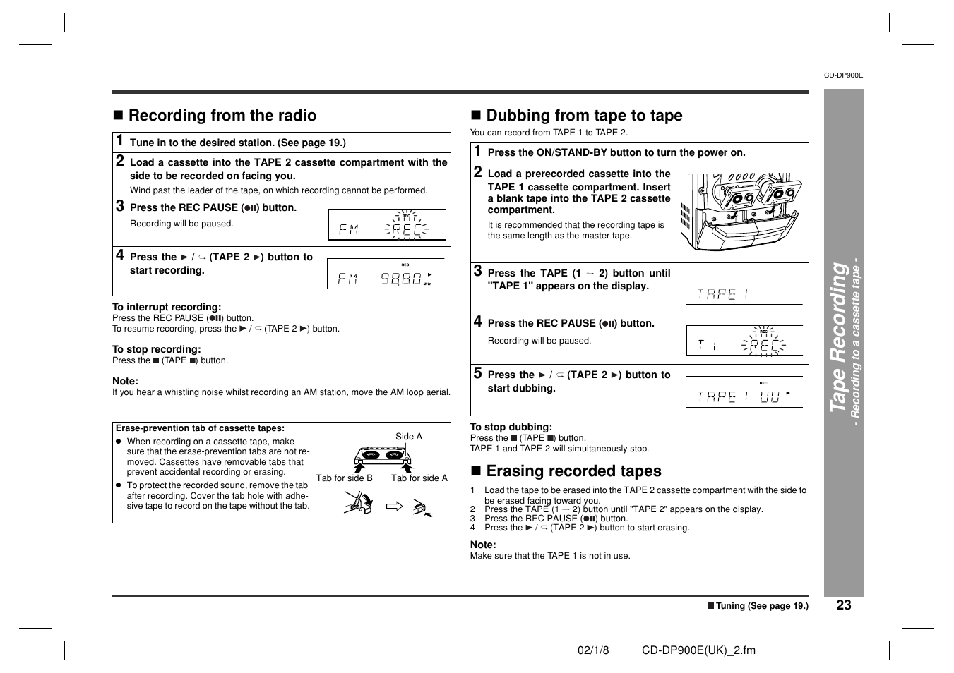 Ta p e recor d in g, Recording from the radio, Dubbing from tape to tape | Erasing recorded tapes | Sharp CD-DP900E User Manual | Page 23 / 32