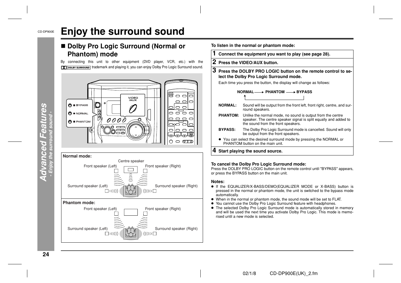 Enjoy the surround sound, Ad v a nced f e atures, Dolby pro logic surround (normal or phantom) mode | Sharp CD-DP900E User Manual | Page 24 / 32