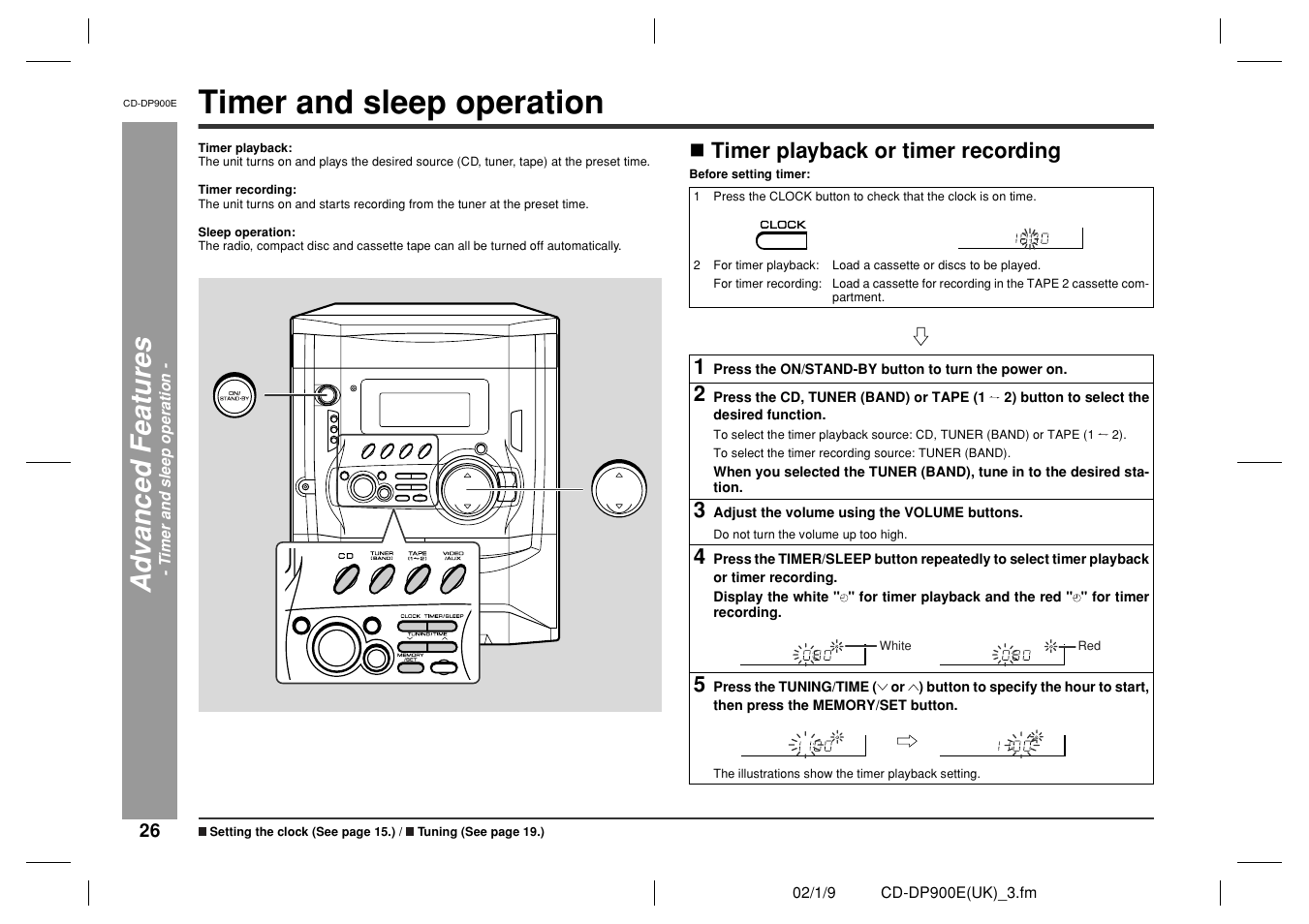 Timer and sleep operation, Ad v a nced f e atures | Sharp CD-DP900E User Manual | Page 26 / 32