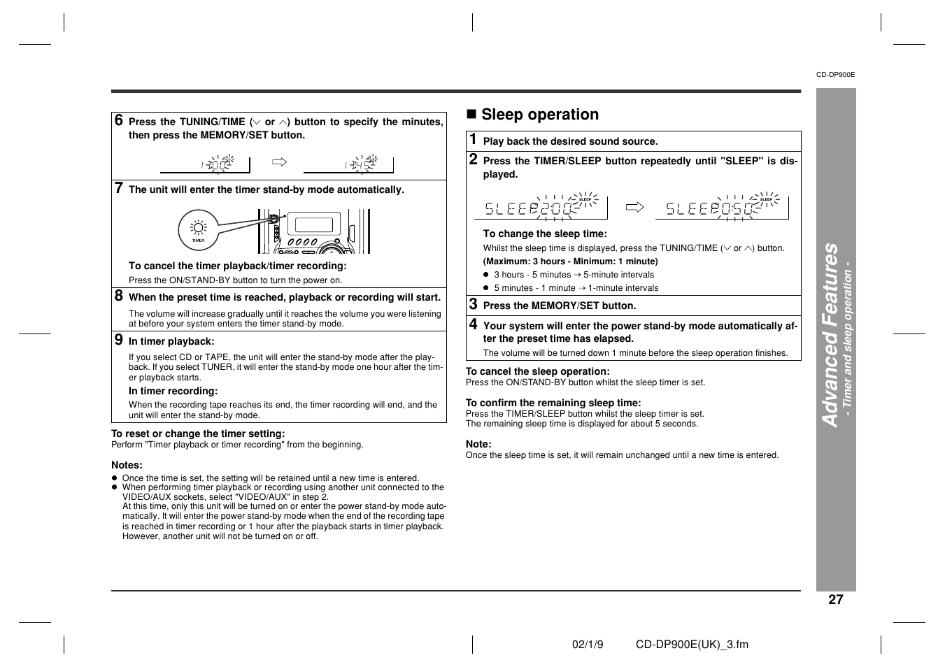 Ad v a nced f e atures, Sleep operation | Sharp CD-DP900E User Manual | Page 27 / 32