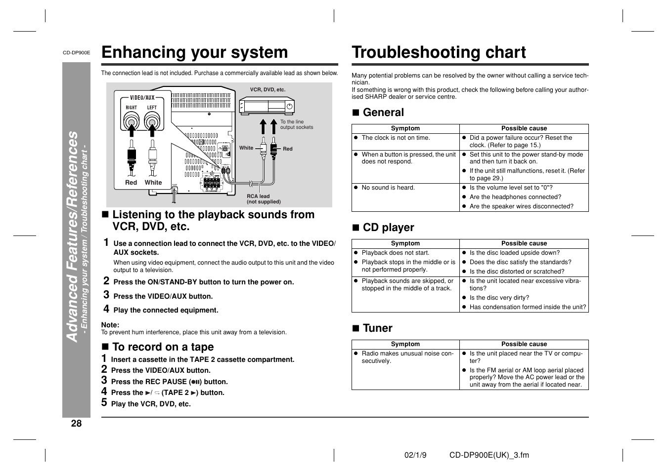 Enhancing your system, Troubleshooting chart, Ad v a nce d fe atures /r ef er ences | General, Cd player, Tuner 1 | Sharp CD-DP900E User Manual | Page 28 / 32