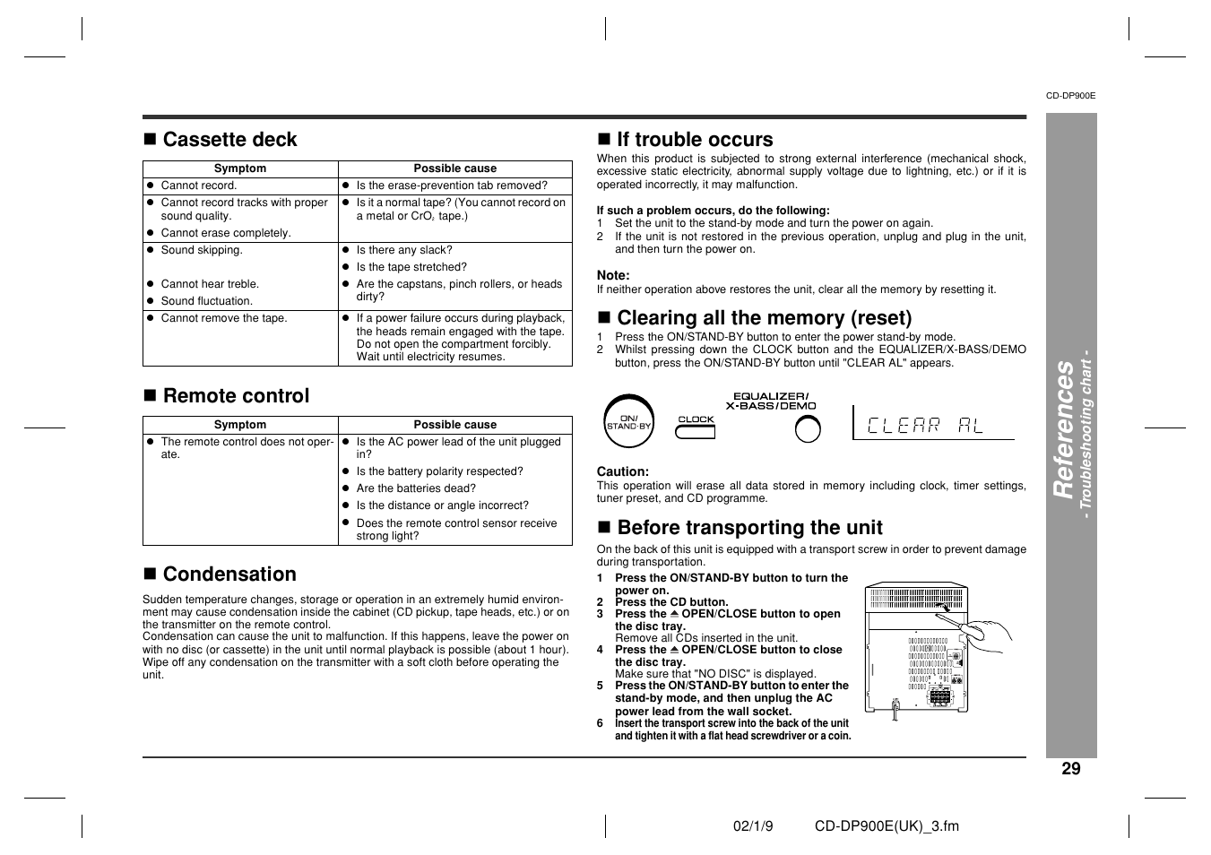 Re fe re nces, Cassette deck, Remote control | Condensation  if trouble occurs, Before transporting the unit | Sharp CD-DP900E User Manual | Page 29 / 32