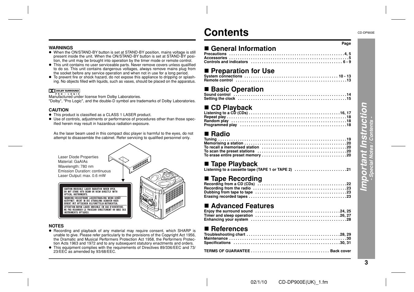 Sharp CD-DP900E User Manual | Page 3 / 32