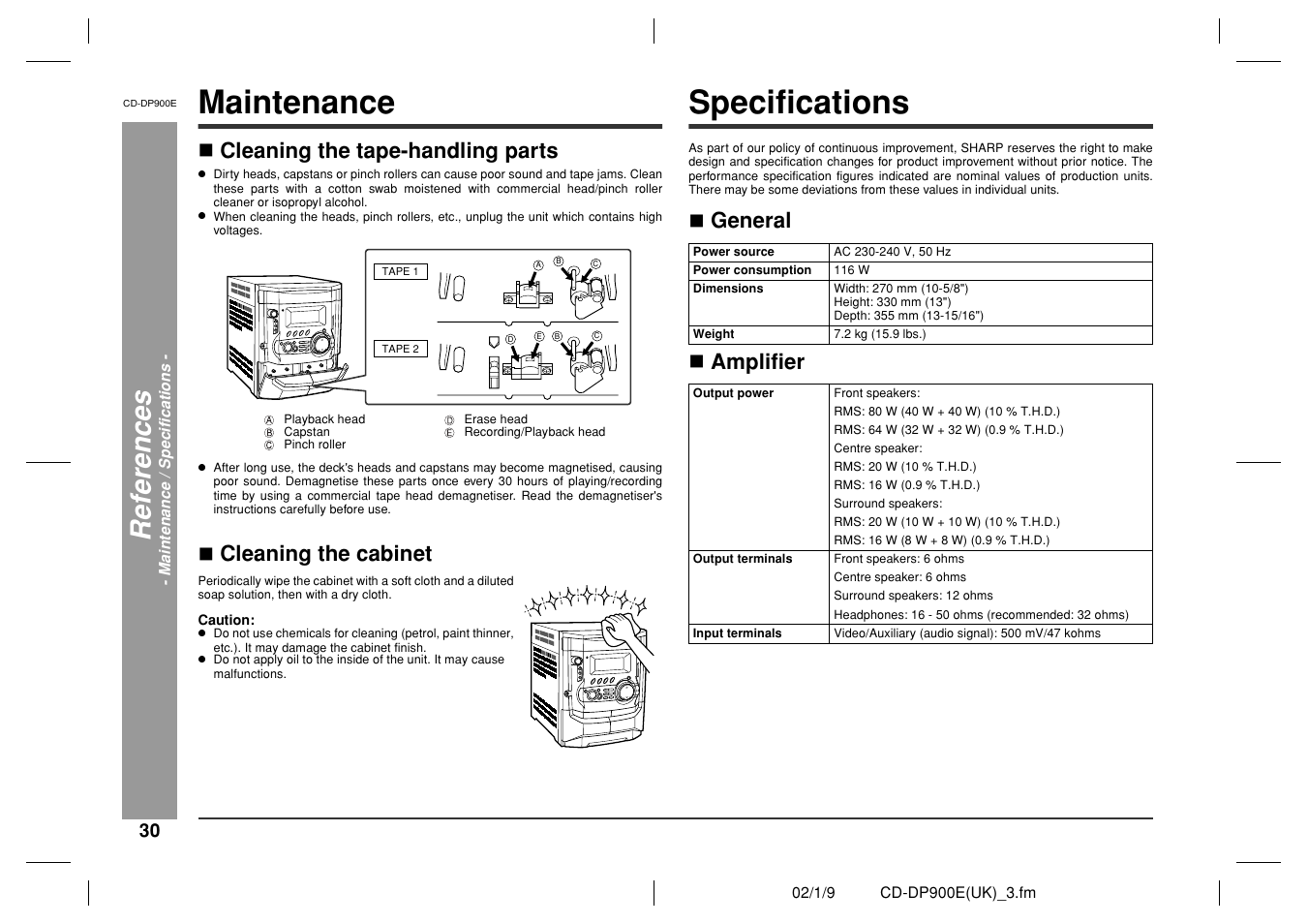 Maintenance, Specifications, Re fe re nces | Cleaning the tape-handling parts, Cleaning the cabinet, General  amplifier | Sharp CD-DP900E User Manual | Page 30 / 32