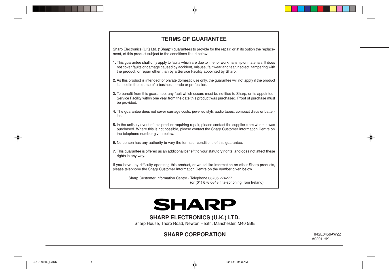 Sharp electronics (u.k.) ltd, Sharp corporation, Terms of guarantee | Sharp CD-DP900E User Manual | Page 32 / 32