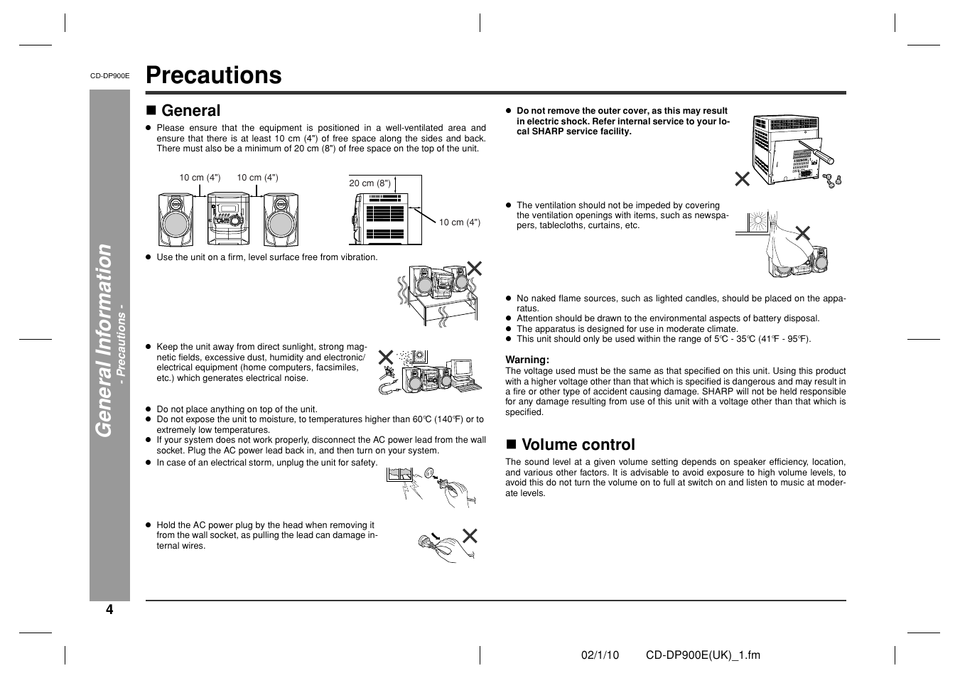 Precautions, Gen e ral in fo rmatio n, General | Volume control | Sharp CD-DP900E User Manual | Page 4 / 32