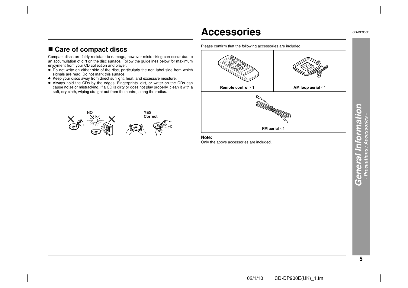 Accessories, Gen e ral in fo rmatio n | Sharp CD-DP900E User Manual | Page 5 / 32