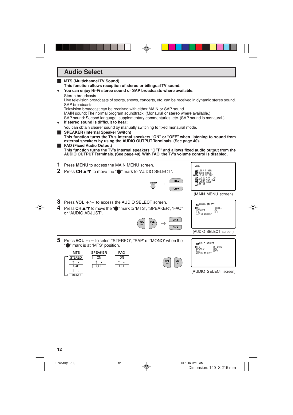 Audio select | Sharp 27C540 User Manual | Page 12 / 58