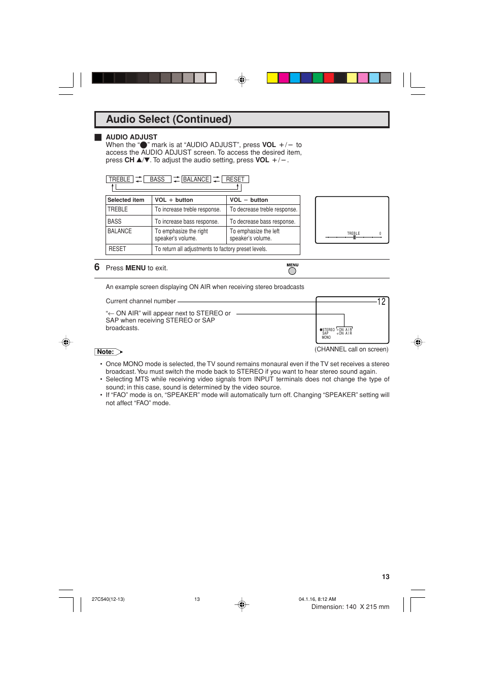 Audio select (continued) | Sharp 27C540 User Manual | Page 13 / 58