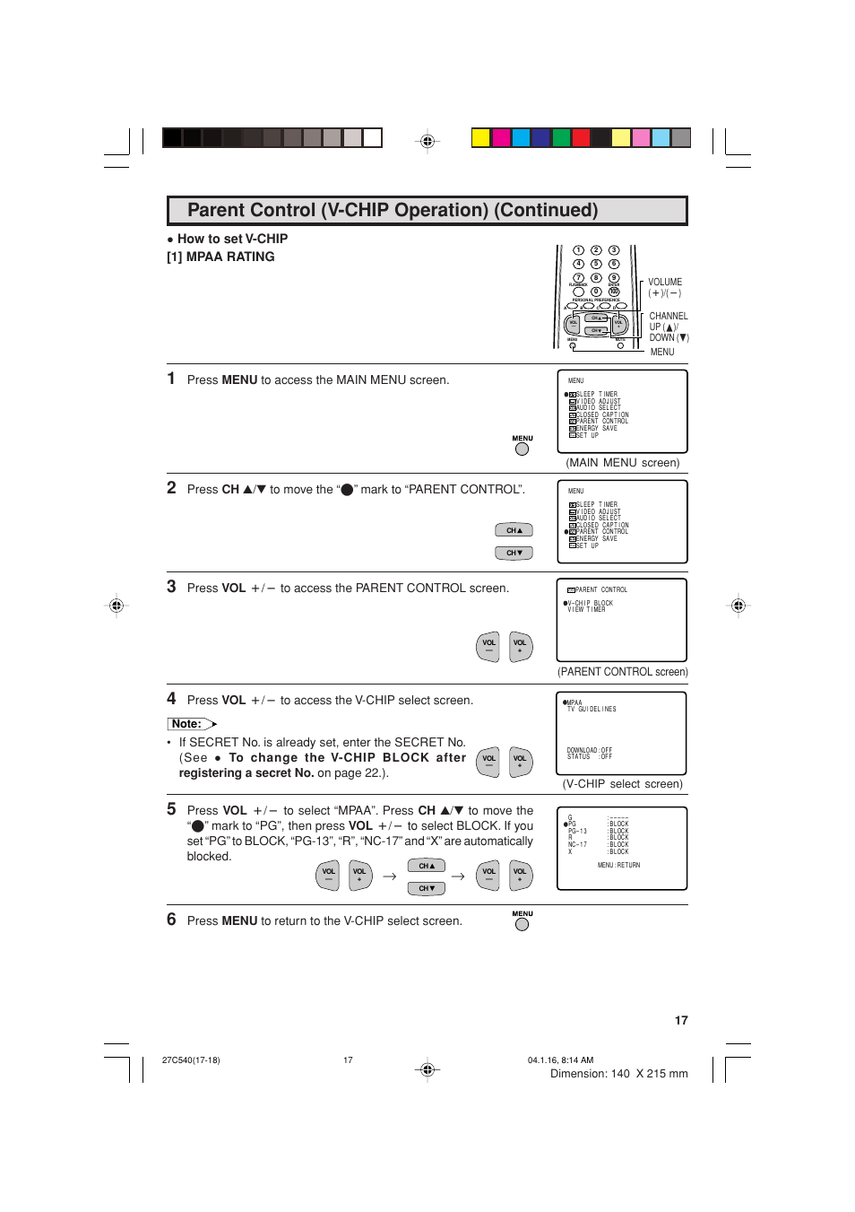 Parent control (v-chip operation) (continued), How to set v-chip [1] mpaa rating, Press menu to access the main menu screen | Press vol k/l to access the parent control screen, Press vol k/l to access the v-chip select screen, Press menu to return to the v-chip select screen | Sharp 27C540 User Manual | Page 17 / 58