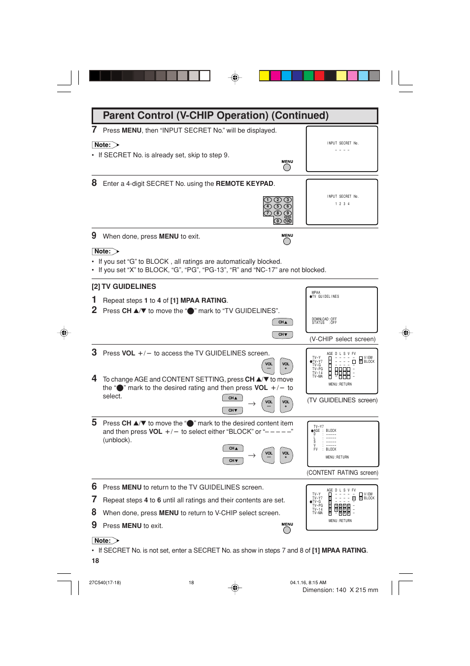 Parent control (v-chip operation) (continued), 2] tv guidelines | Sharp 27C540 User Manual | Page 18 / 58