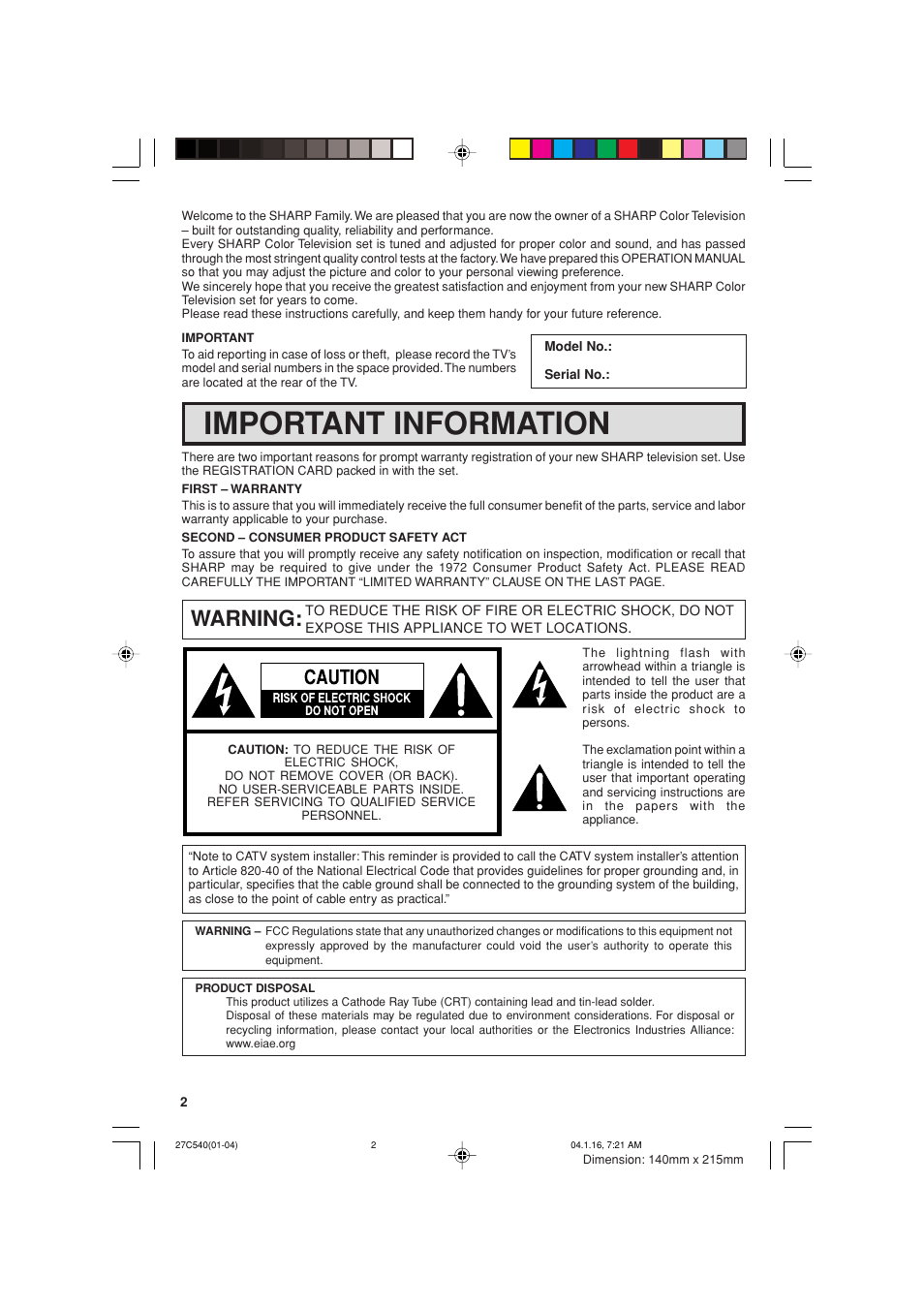 Important information, Warning | Sharp 27C540 User Manual | Page 2 / 58