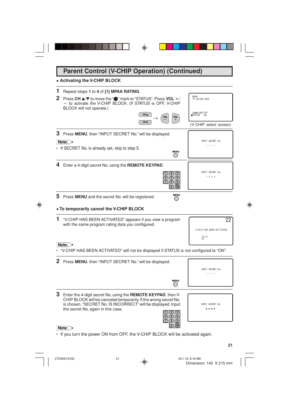 Parent control (v-chip operation) (continued) | Sharp 27C540 User Manual | Page 21 / 58