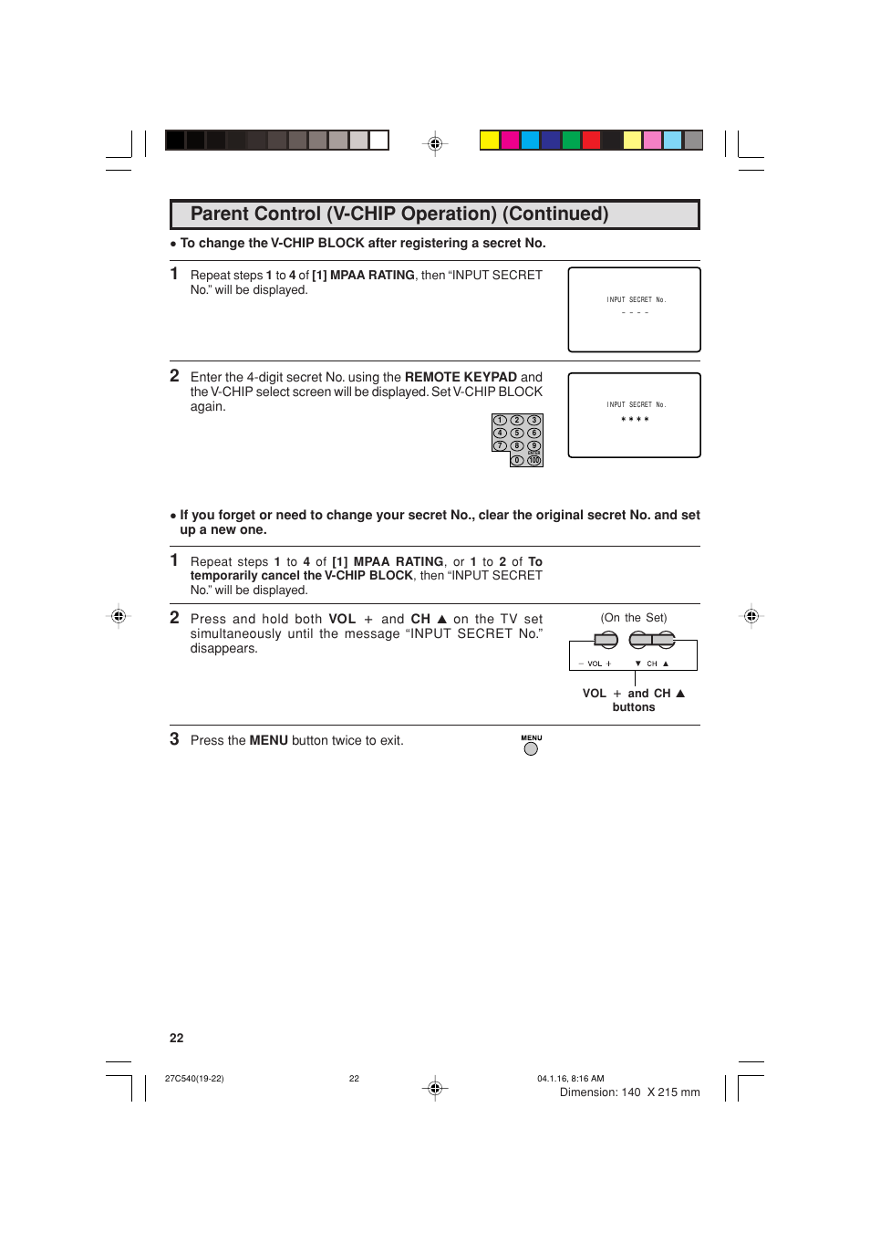 Parent control (v-chip operation) (continued) | Sharp 27C540 User Manual | Page 22 / 58