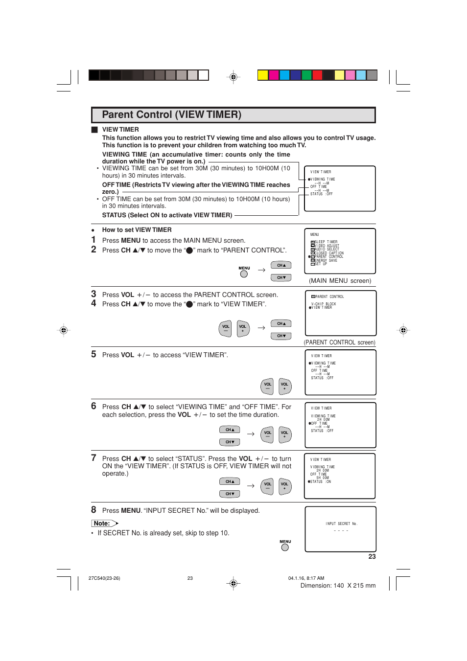 Parent control (view timer), If secret no. is already set, skip to step 10 | Sharp 27C540 User Manual | Page 23 / 58