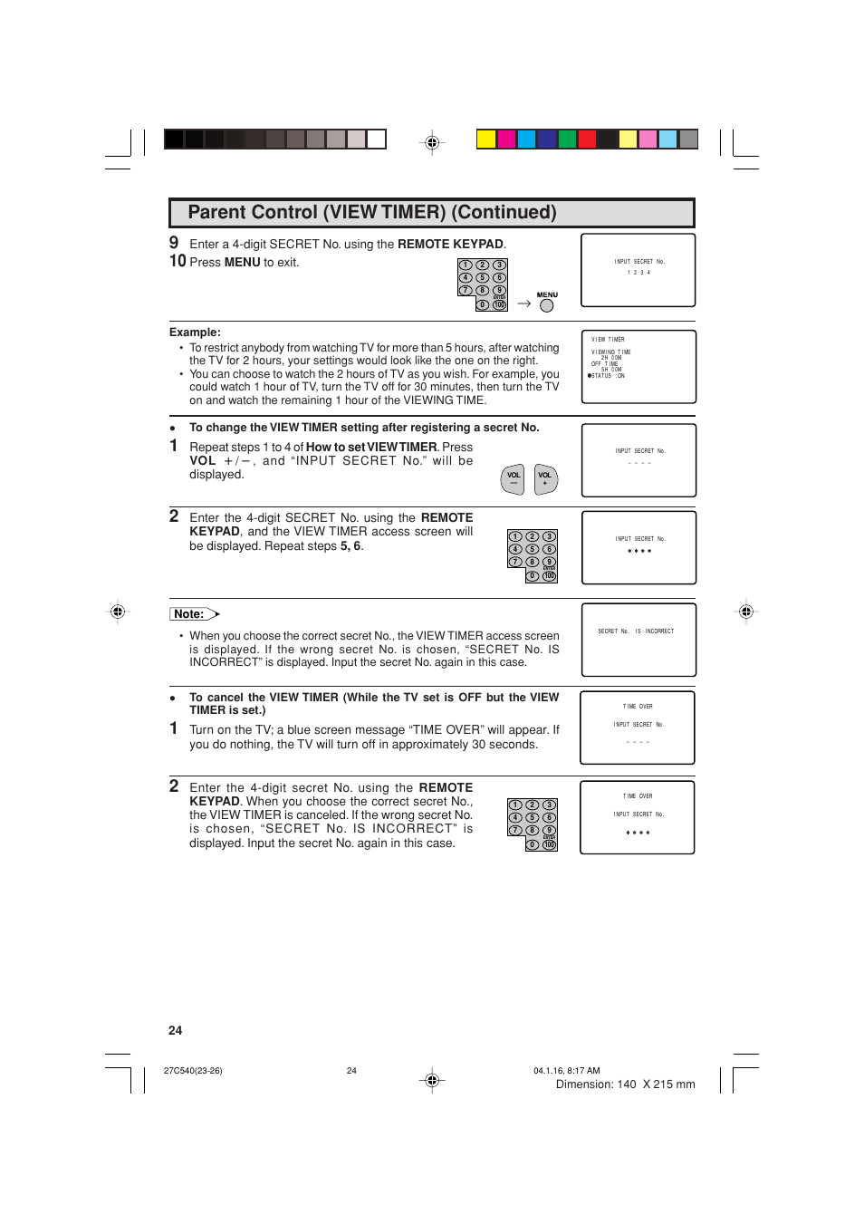 Parent control (view timer) (continued), Enter a 4-digit secret no. using the remote keypad, Press menu to exit | Sharp 27C540 User Manual | Page 24 / 58