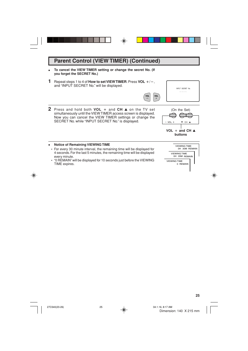 Parent control (view timer) (continued) | Sharp 27C540 User Manual | Page 25 / 58