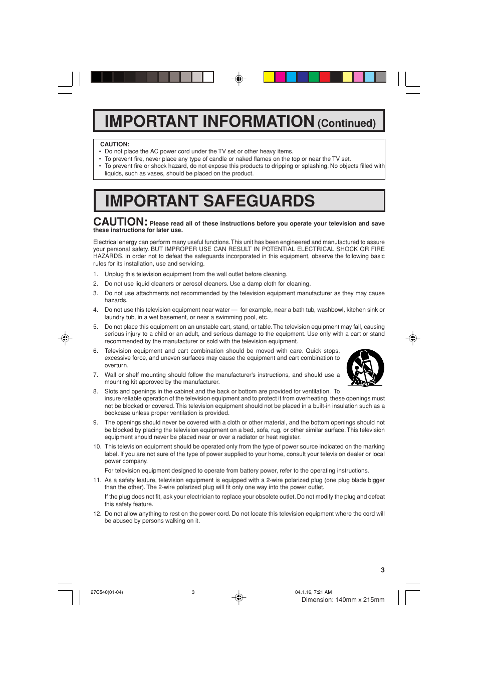 Important information, Important safeguards, Caution | Continued) | Sharp 27C540 User Manual | Page 3 / 58
