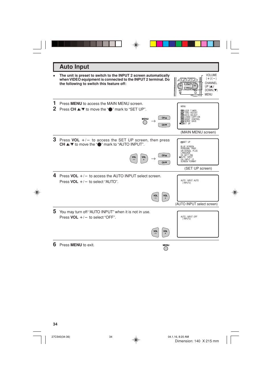 Auto input, Press menu to access the main menu screen, Press ch a/s to move the “e” mark to “set up | Press menu to exit | Sharp 27C540 User Manual | Page 34 / 58