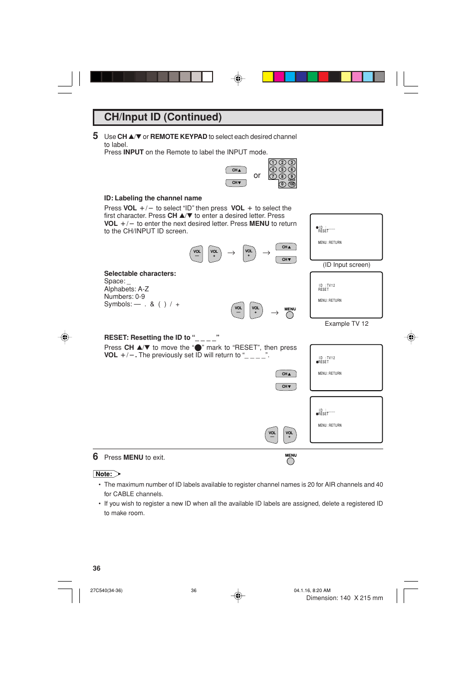 Ch/input id (continued) | Sharp 27C540 User Manual | Page 36 / 58