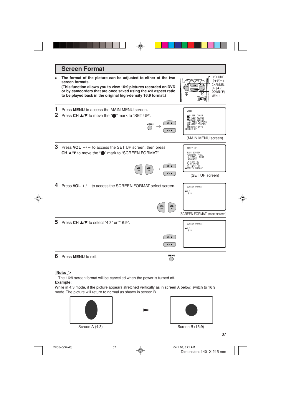 Screen format, Press menu to access the main menu screen, Press ch a/s to move the “e” mark to “set up | Press menu to exit | Sharp 27C540 User Manual | Page 37 / 58