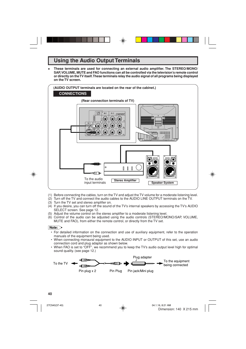 Using the audio output terminals | Sharp 27C540 User Manual | Page 40 / 58