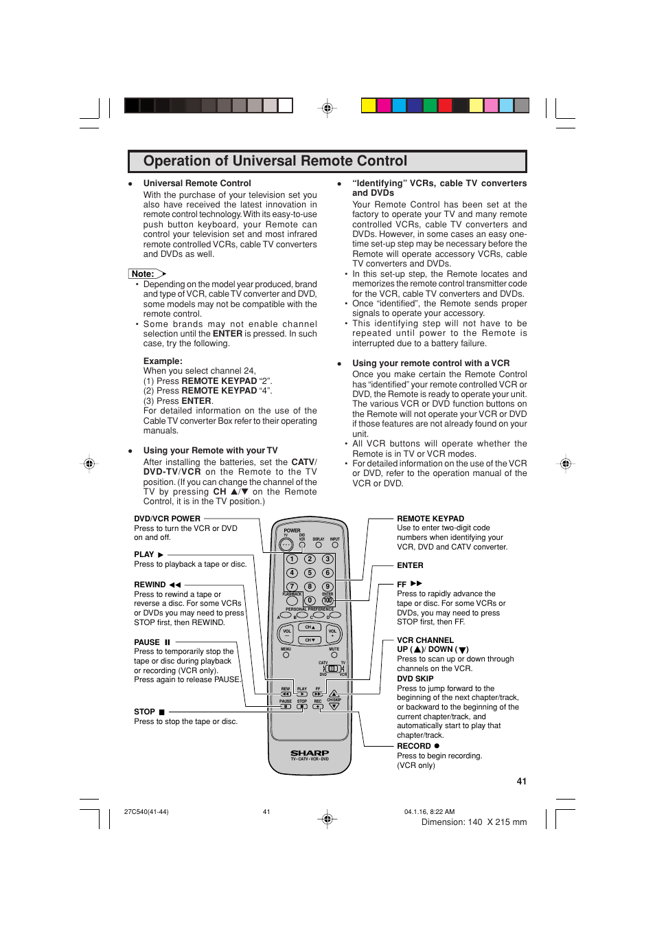 Operation of universal remote control | Sharp 27C540 User Manual | Page 41 / 58