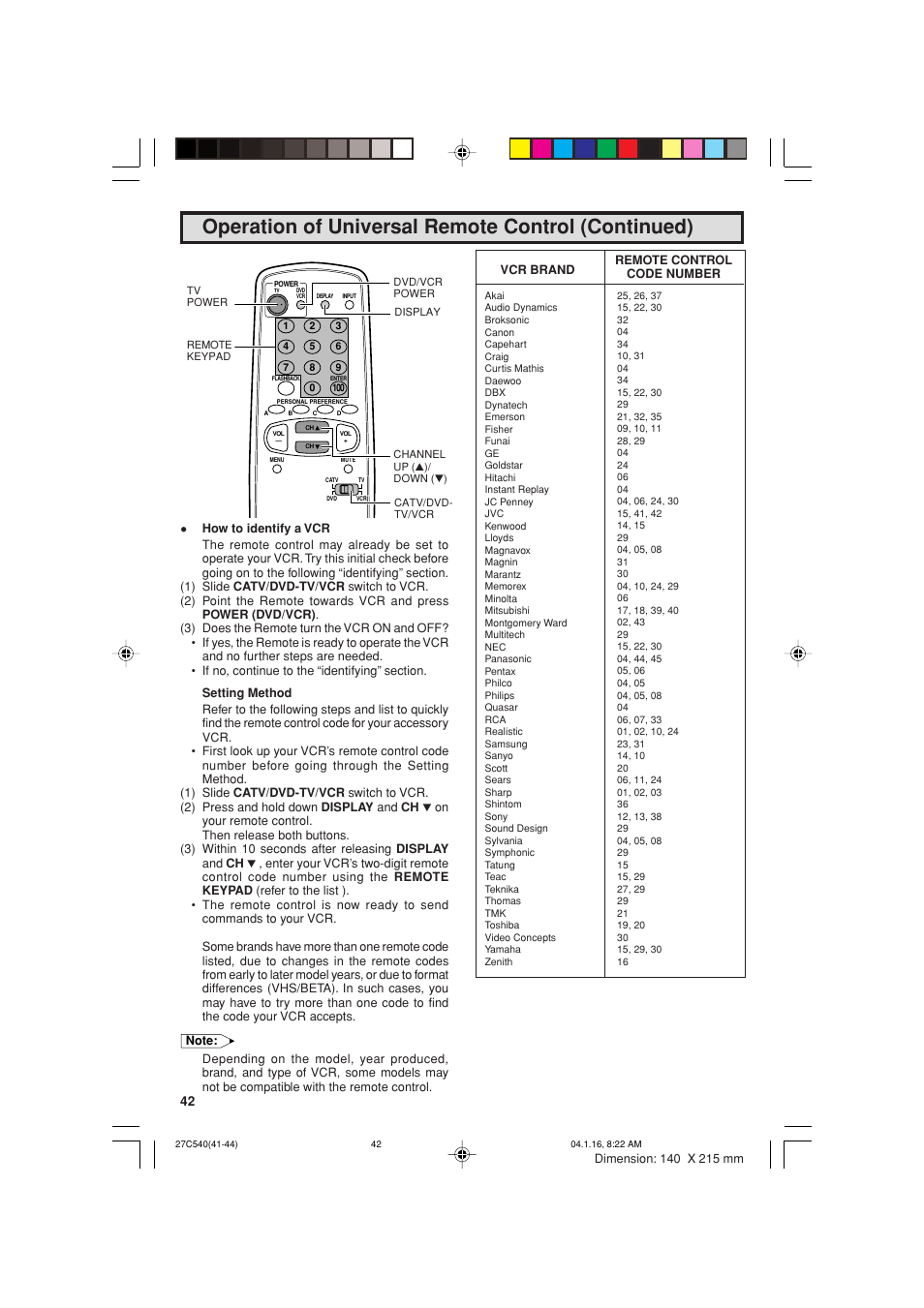 Operation of universal remote control (continued) | Sharp 27C540 User Manual | Page 42 / 58