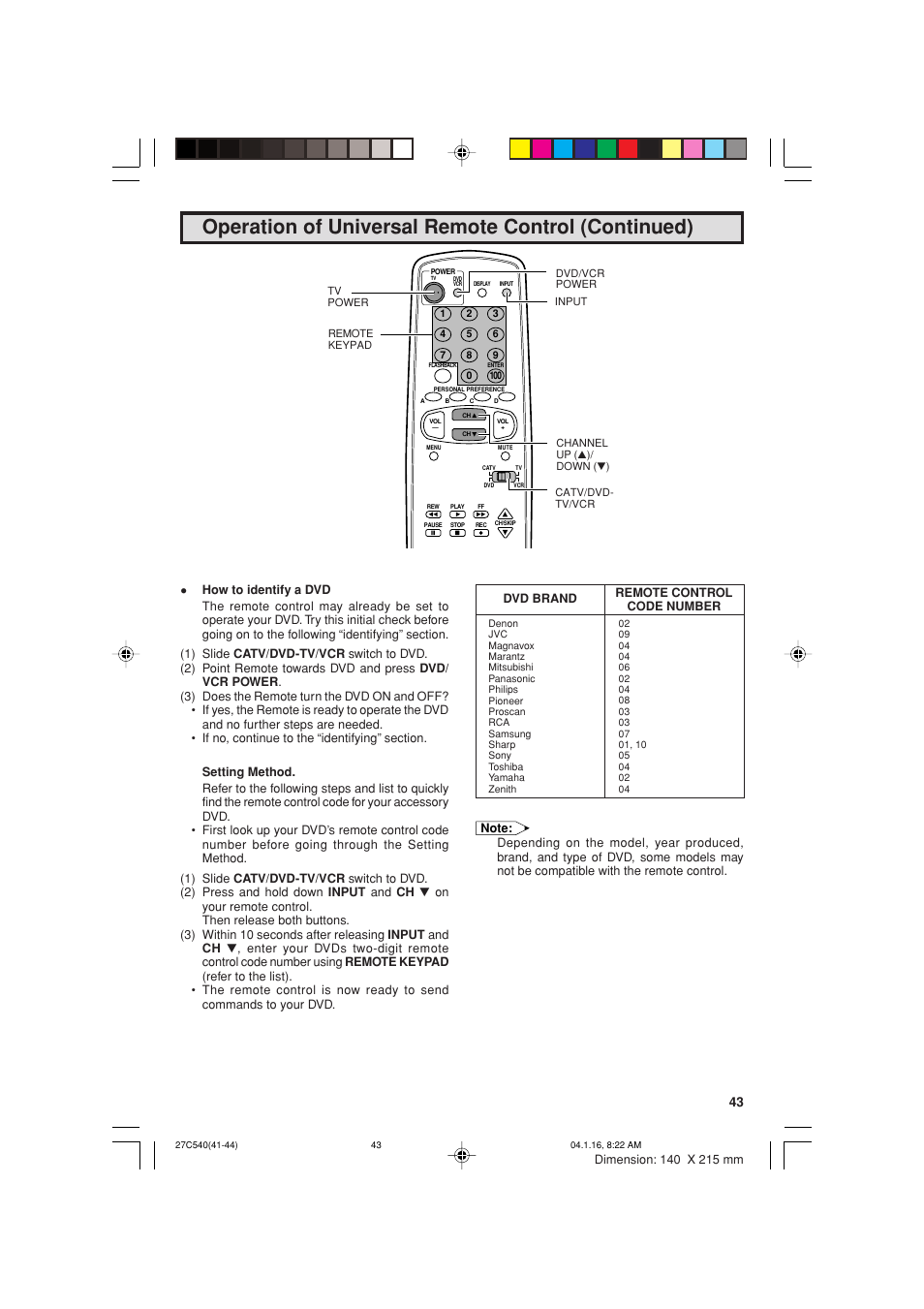 Operation of universal remote control (continued) | Sharp 27C540 User Manual | Page 43 / 58