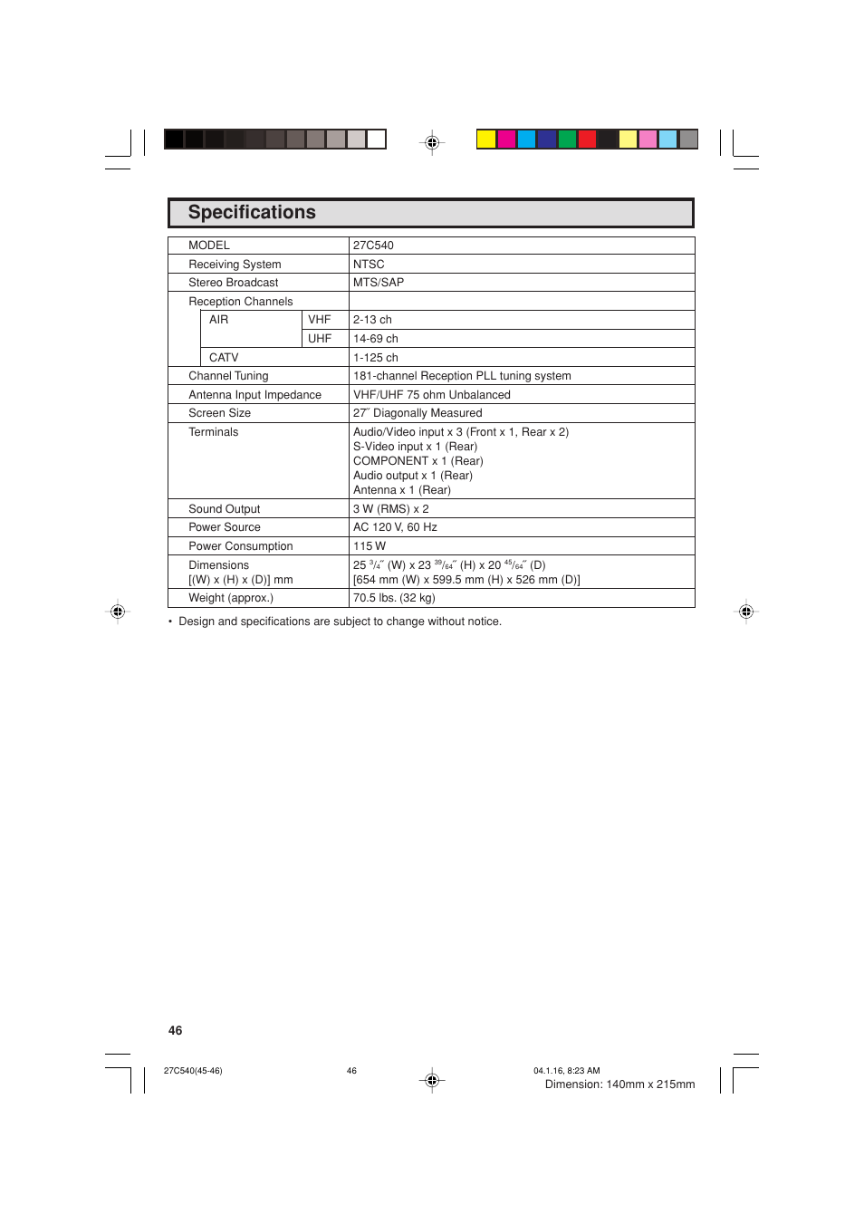 Specifications | Sharp 27C540 User Manual | Page 46 / 58