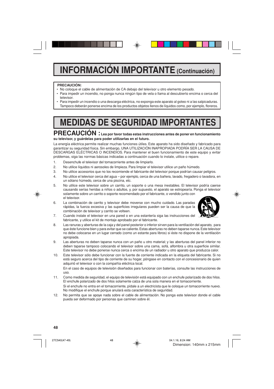 Información importante, Medidas de seguridad importantes, Precaución | Continuación) | Sharp 27C540 User Manual | Page 48 / 58